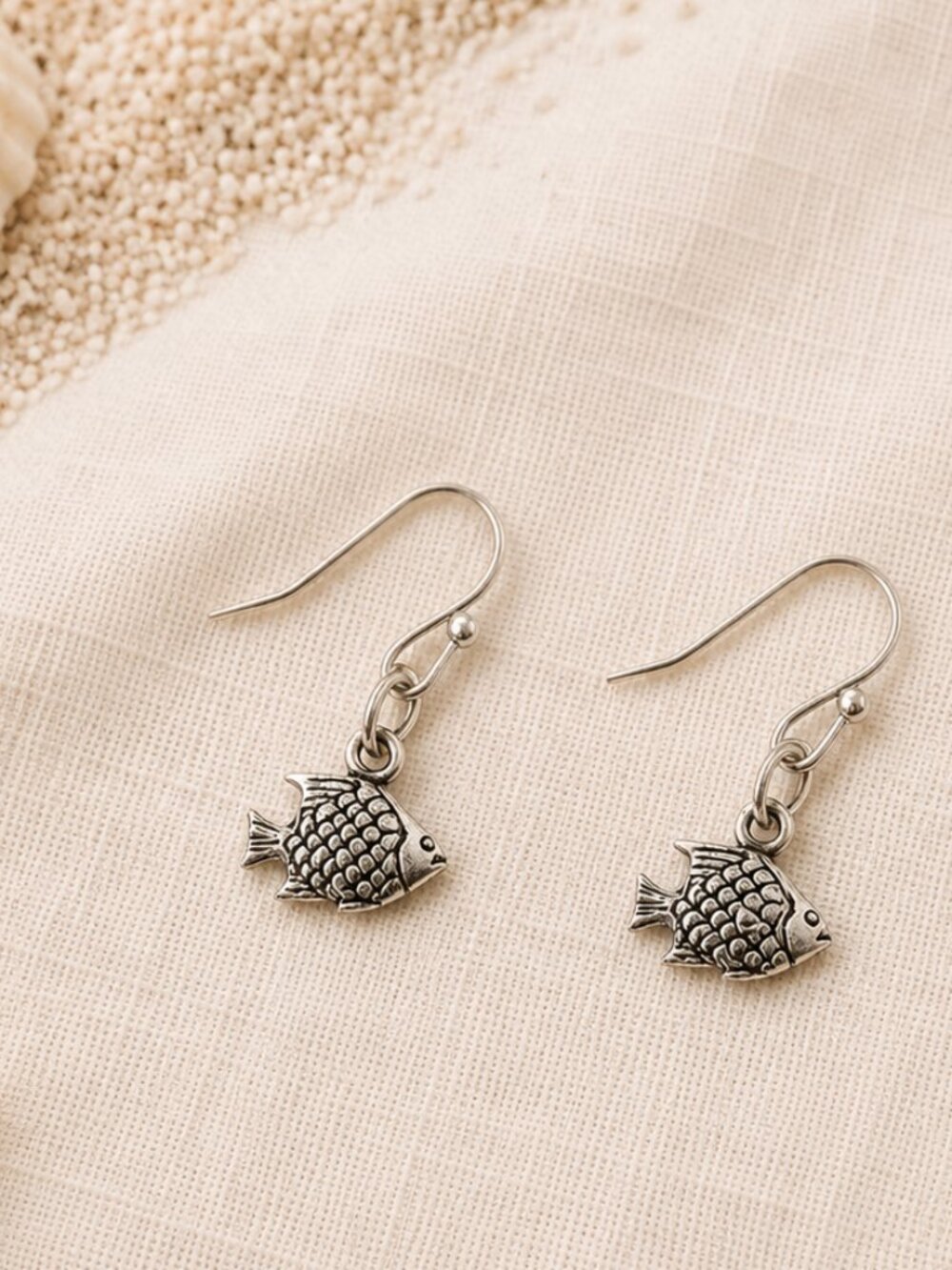 Tiny Antiqued Silver Fish Dangle Earrings Coastal Minimalist